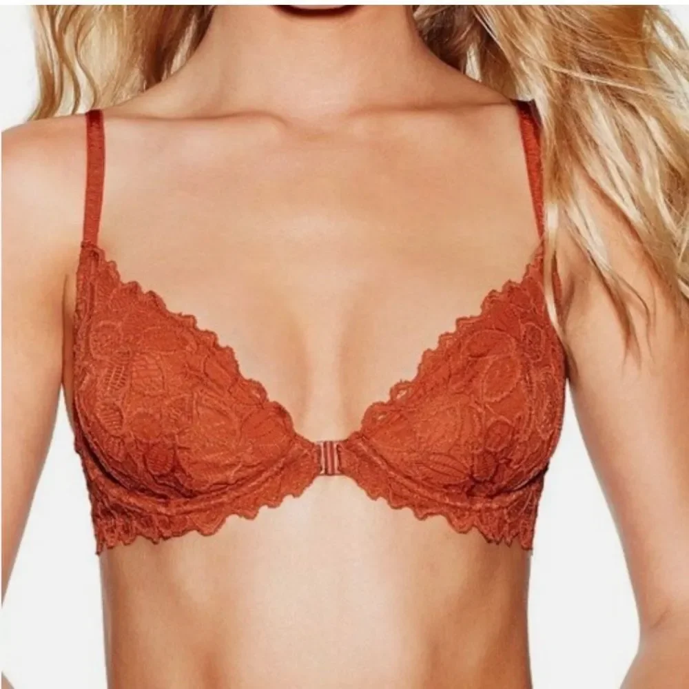 Victoria’s Secret Pink Date Racerback sexy unlined floral lace bra clay 34B